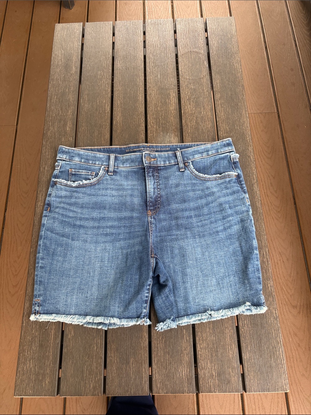 Chico’s So Slimming Girlfriend Light Blue Denim Jean Shorts with Frayed Hem
